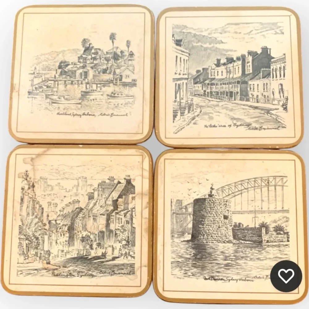 Vtg Pimpernel Cedric Emanuel Australian Landmark Coasters Set 9 Sketch Adelaide